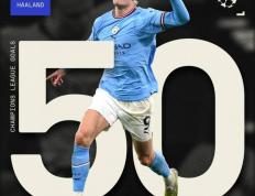 哈兰德49场欧冠打入50球超越梅西amp;范尼成历史最快官方送祝(zhù)福